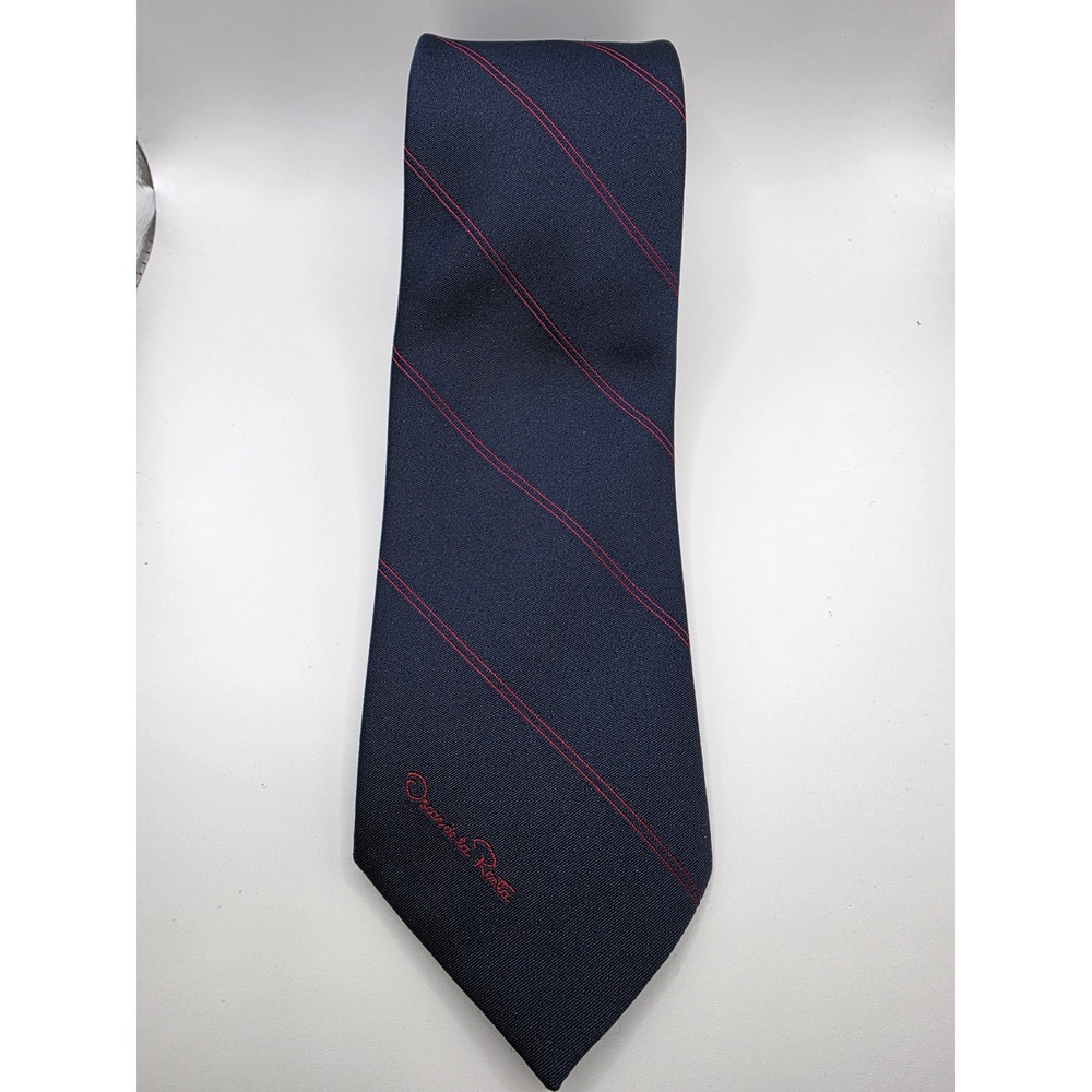 Oscar‎ de la Renta Mens Navy Blue Red Stripe Silk Polyester Necktie Tie